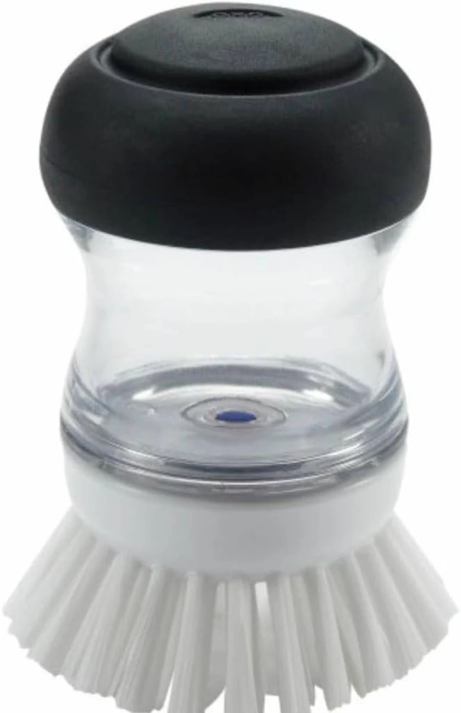 OXO Good Grips Palm Brush with Soap Dispenser - Ergonomic Cleaning Brush for Bathroom, Kitchen, or Shower - Black, Clear, White