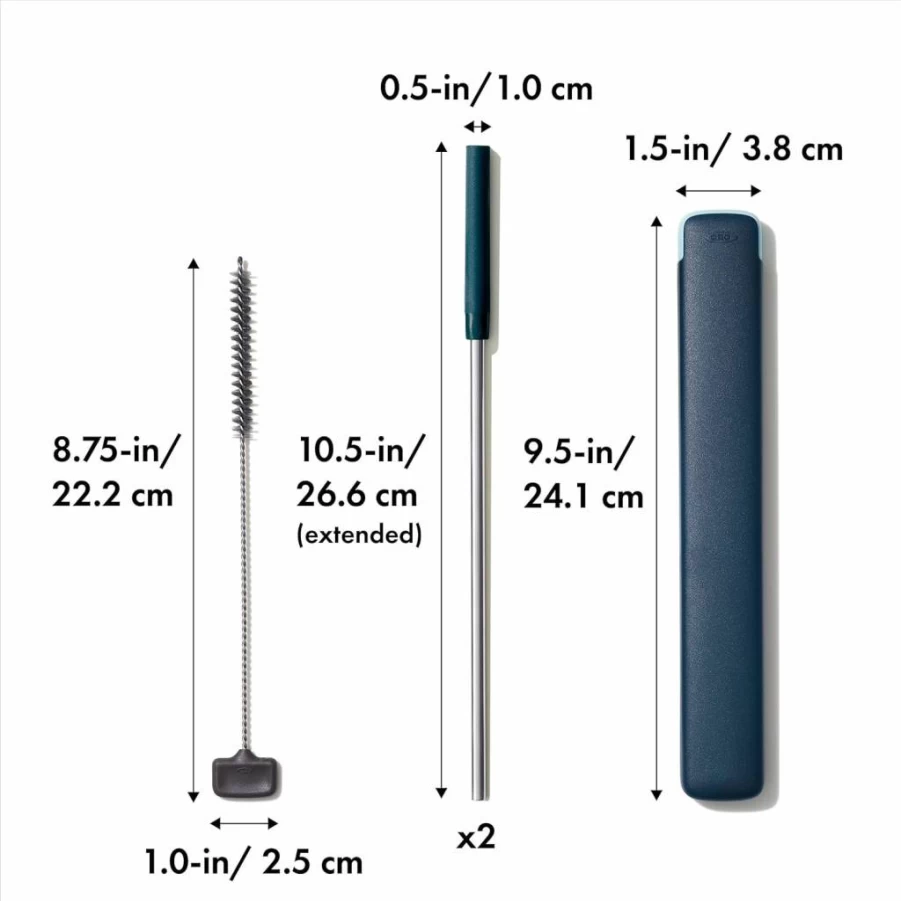 OXO Good Grips 4-Piece Stainless Steel Reusable Straw Set with Travel Case - Green, BPA-Free, Dishwasher Safe