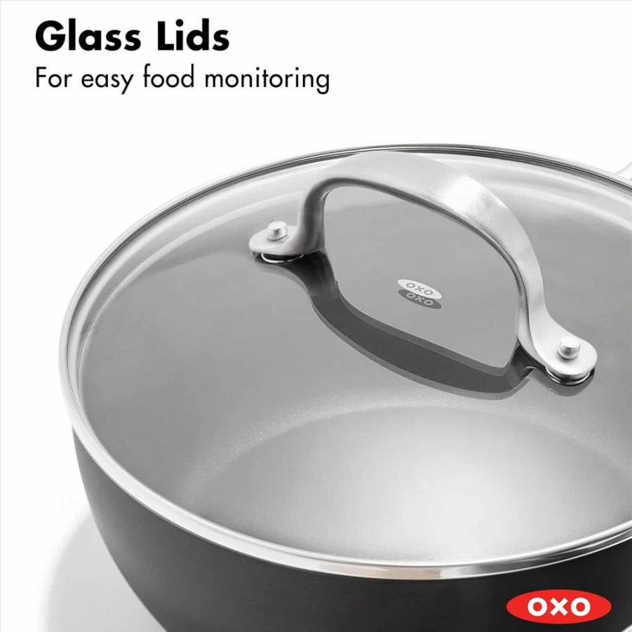 OXO Good Grips 1-Quart & 2-Quart Saucepan Set with Lids, 3-Layer German Nonstick Coating, Stainless Steel Handles, Black Cookware Pots