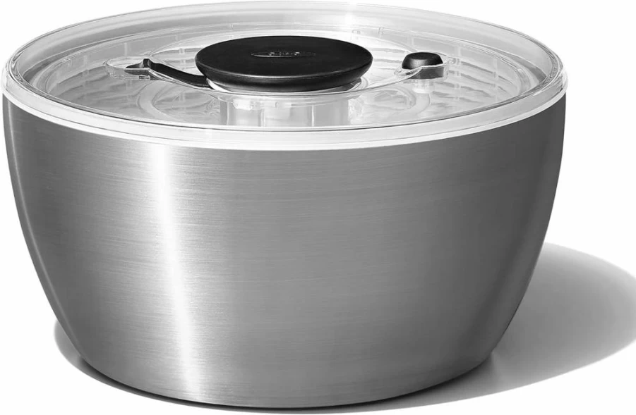 OXO 6.34 Qt Stainless Steel Salad Spinner with Good Grips – Easy Spin Dryer for Lettuce and Greens