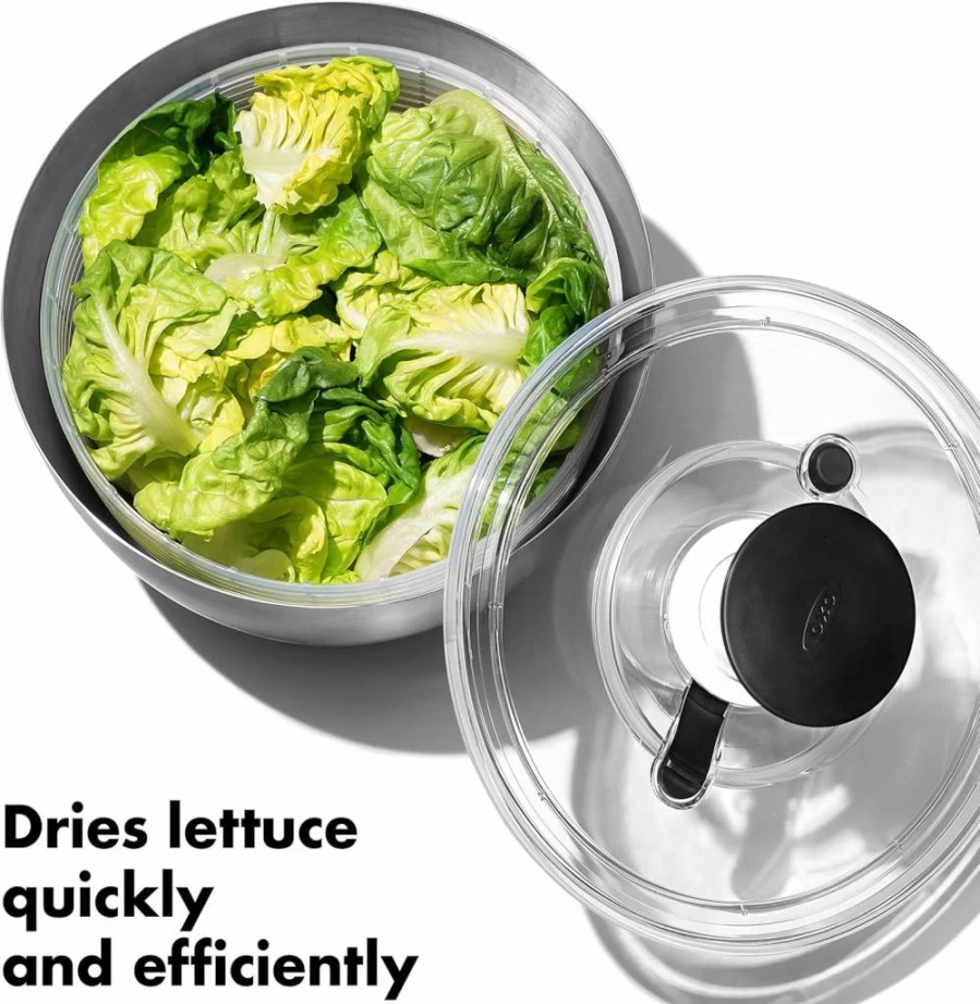 OXO 6.34 Qt Stainless Steel Salad Spinner with Good Grips – Easy Spin Dryer for Lettuce and Greens