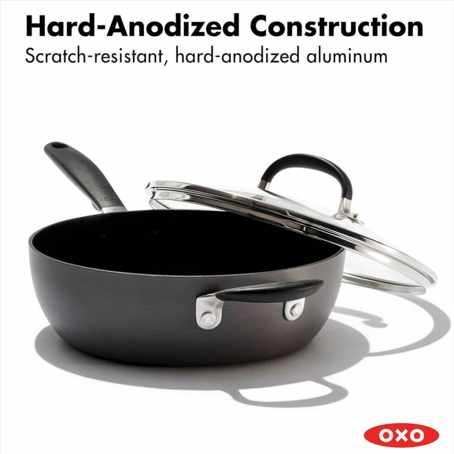 OXO 3Qt Chef's Pan with Lid - 3-Layer German Nonstick Coating, Stainless Steel Handle & Non-Slip Grip, Black Cookware