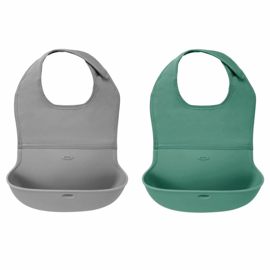 OXO Tot Baby Bibs 2-Pack - Roll-Up Feeding Bibs for Infants, Gray and Teal, Easy Clean