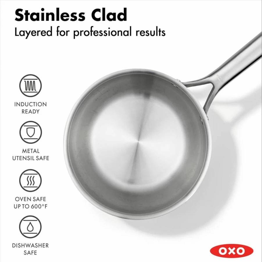 OXO Mira Tri-Ply Stainless Steel Saucepan Set, 1.5Qt & 3Qt, Induction Compatible, Multi-Clad Construction, Dishwasher Safe, Includes Lids