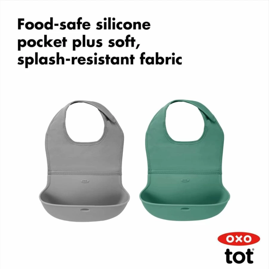 OXO Tot Baby Roll-Up Bib 2 Pack - Reusable, Soft, Waterproof Feeding Bibs for Infants & Toddlers, Pink & Teal, BPA-Free
