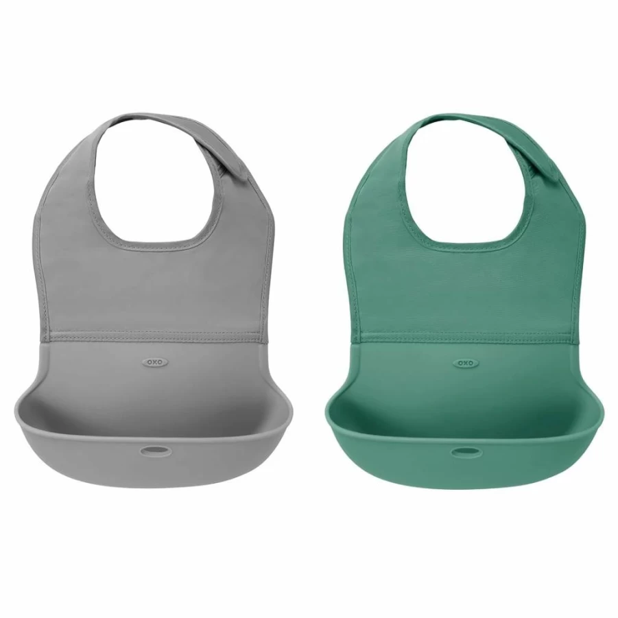 OXO Tot 2-Pack Roll-Up Bibs for Babies - Gray and Navy Reusable Feeding Bibs with Spill-Resistant Design