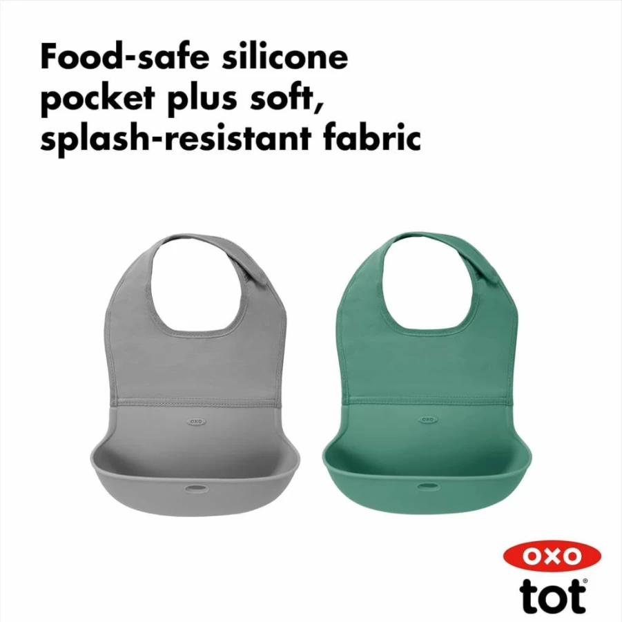OXO Tot 2-Pack Roll-Up Bibs for Babies - Gray and Navy Reusable Feeding Bibs with Spill-Resistant Design