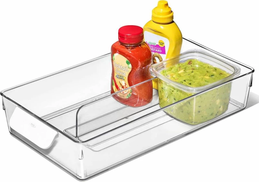 OXO Adjustable Refrigerator Organizer Bin for Snacks, Condiments, and Juice Boxes - Space Saving Kitchen Storage Container