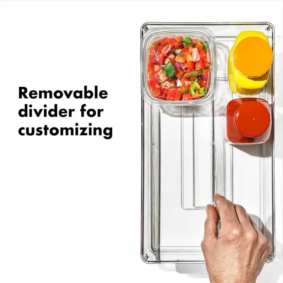 OXO Adjustable Refrigerator Organizer Bin for Snacks, Condiments, and Juice Boxes - Space Saving Kitchen Storage Container