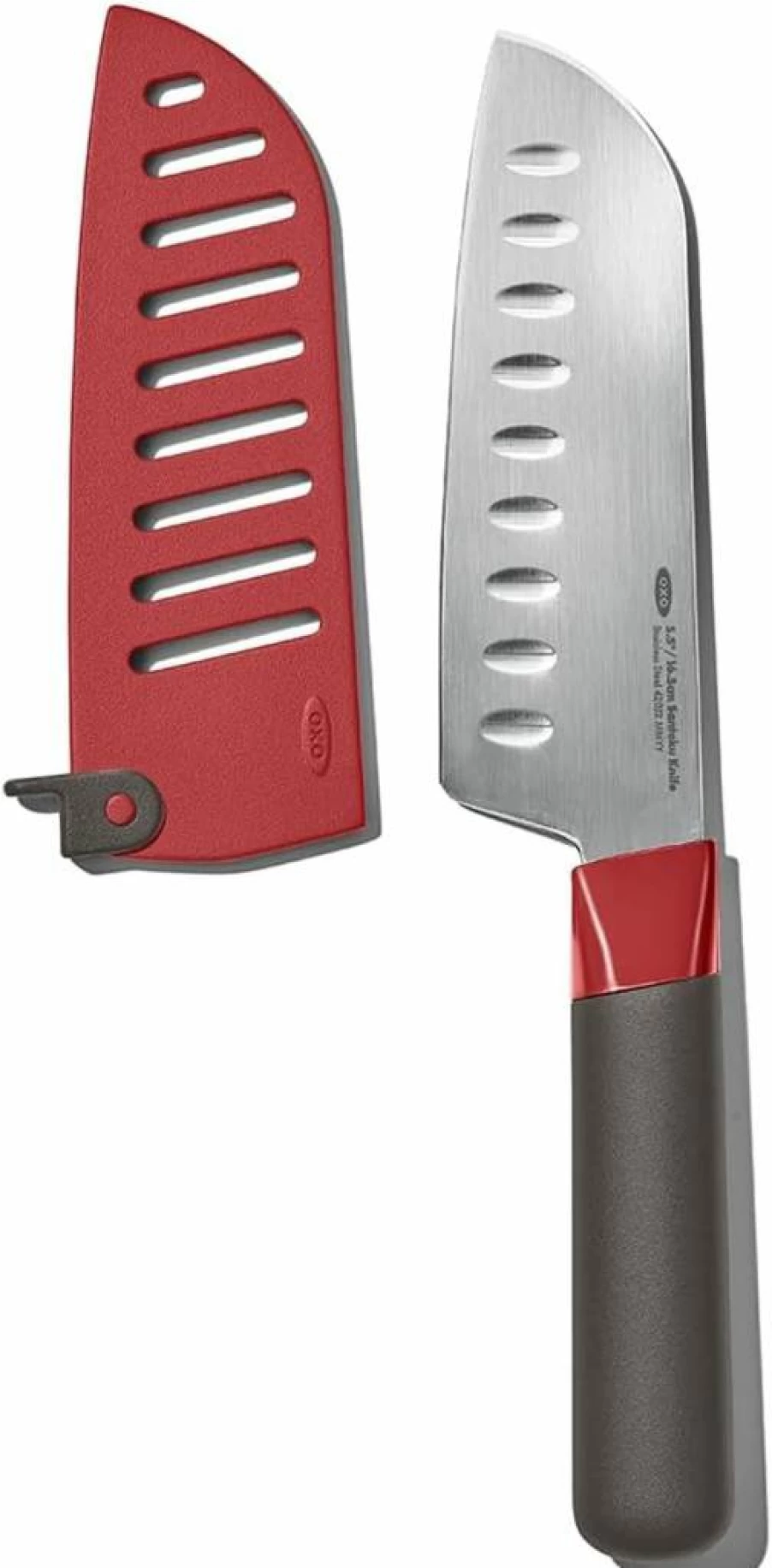 OXO 5.5-Inch Santoku Knife with Locking Sheath - Outdoor Camping & Kitchen Utility Blade, Gray/Red