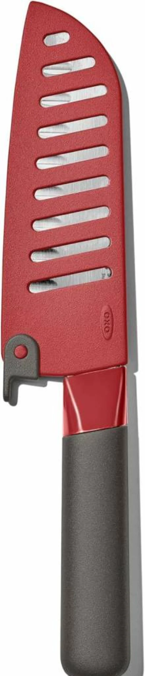 OXO 5.5-Inch Santoku Knife with Locking Sheath - Outdoor Camping & Kitchen Utility Blade, Gray/Red
