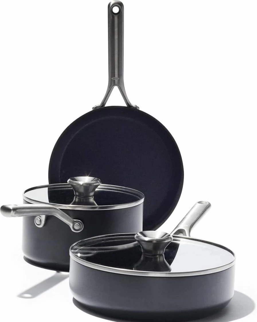 OXO Professional 5-Piece Nonstick Cookware Set - Hard Anodized, PFAS-Free, Diamond Reinforced Coating, Induction Compatible, Stainless Steel Handles, Oven & Dishwasher Safe, Black