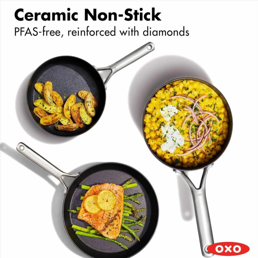 OXO Professional 5-Piece Nonstick Cookware Set - Hard Anodized, PFAS-Free, Diamond Reinforced Coating, Induction Compatible, Stainless Steel Handles, Oven & Dishwasher Safe, Black