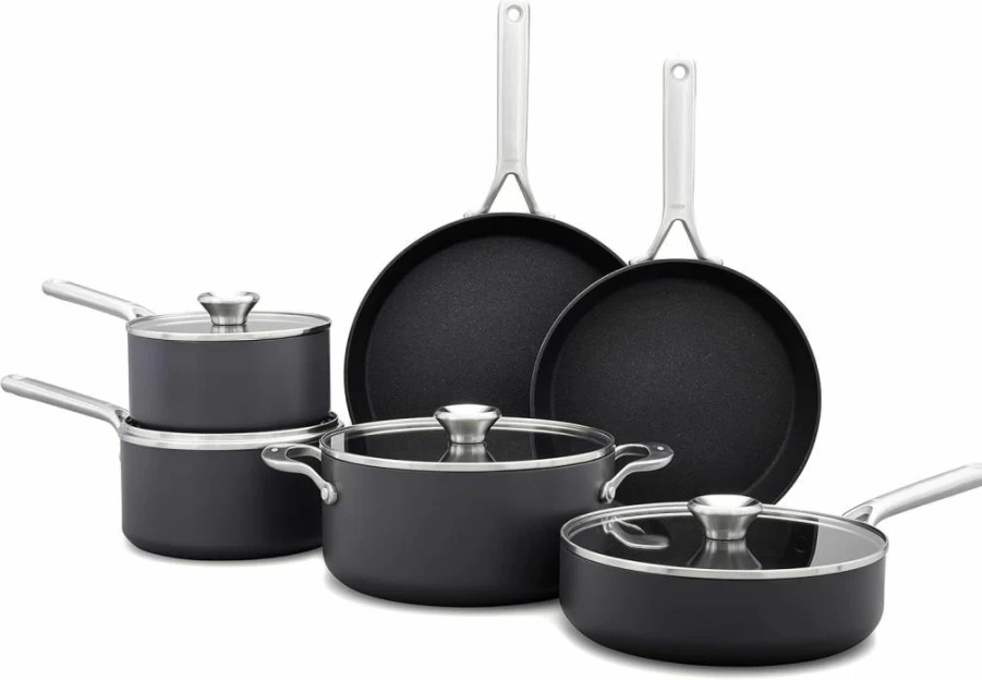 OXO Professional 10-Piece Nonstick Cookware Set - Hard Anodized, PFAS-Free, Diamond Reinforced Coating, Induction Compatible, Oven & Dishwasher Safe, Stainless Steel Handles, Black
