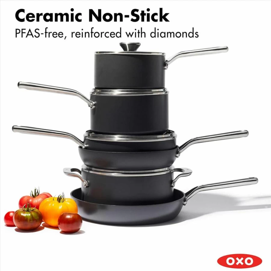 OXO Professional 10-Piece Nonstick Cookware Set - Hard Anodized, PFAS-Free, Diamond Reinforced Coating, Induction Compatible, Oven & Dishwasher Safe, Stainless Steel Handles, Black