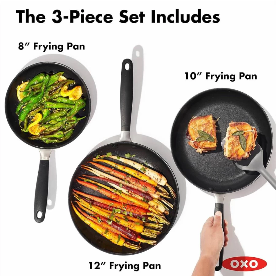 OXO 8" & 10" Nonstick Fry Pan Set with Stainless Steel Handle & Silicone Grip, 3-Layer German Coating, Black Skillet