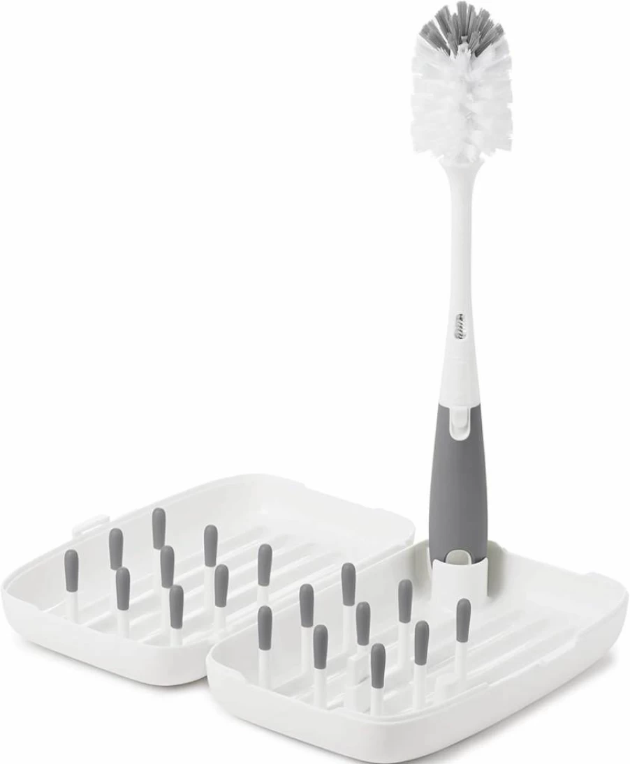OXO Tot Travel Baby Bottle Drying Rack with Brush - Compact Gray for On-the-Go Parents