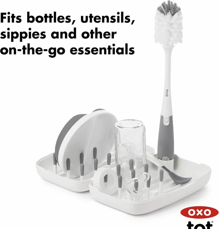 OXO Tot Travel Baby Bottle Drying Rack with Brush - Compact Gray for On-the-Go Parents