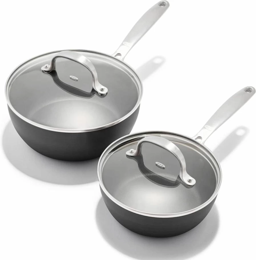 OXO 8" & 10" Ceramic Nonstick Frying Pan Set - PFAS-Free, Dishwasher & Oven Safe, Stainless Steel Handle, Black Skillet Cookware