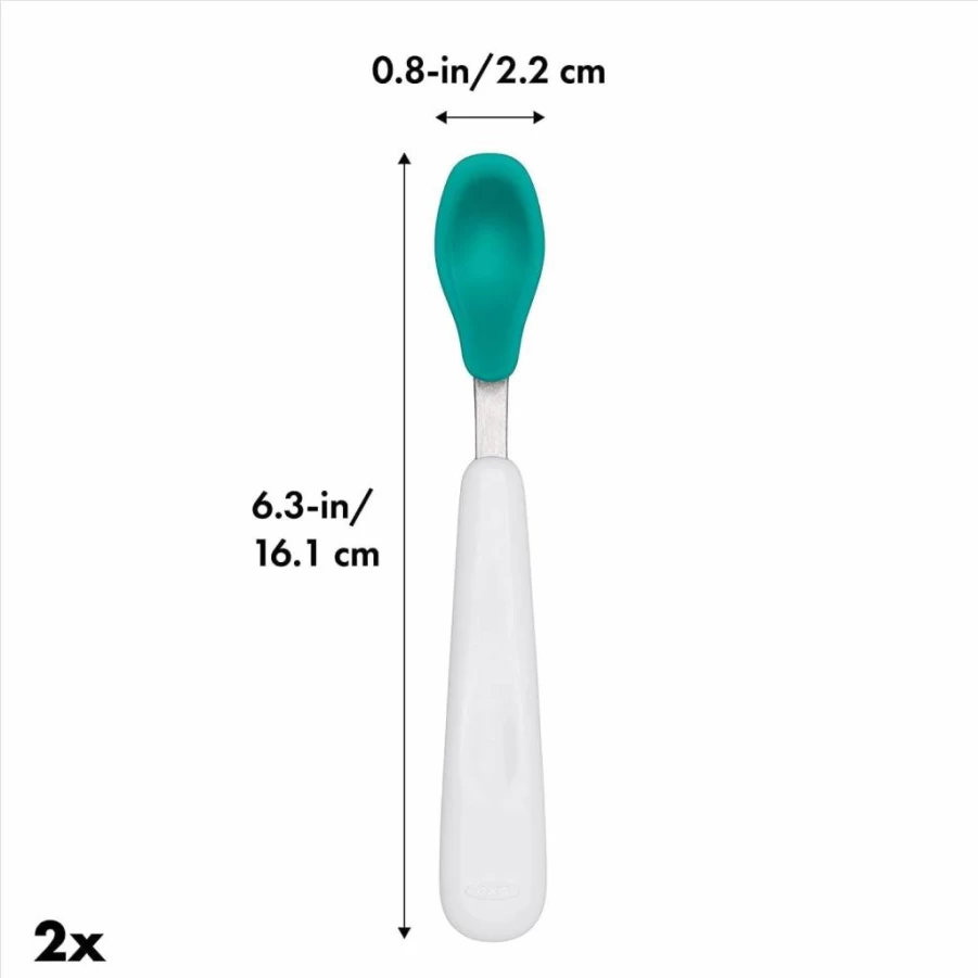 OXO Tot Baby Feeding Spoon Set - 2 Pack Soft Silicone Teal Spoons, 6.3 Inch BPA-Free Infant Utensils for Toddlers