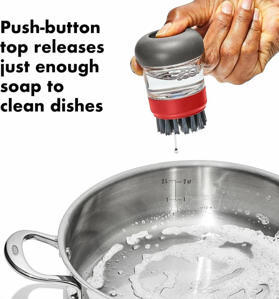 OXO Outdoor Kitchen Soap Dispenser Brush with Storage Case - Dish Cleaning Tool for Camping & Patio