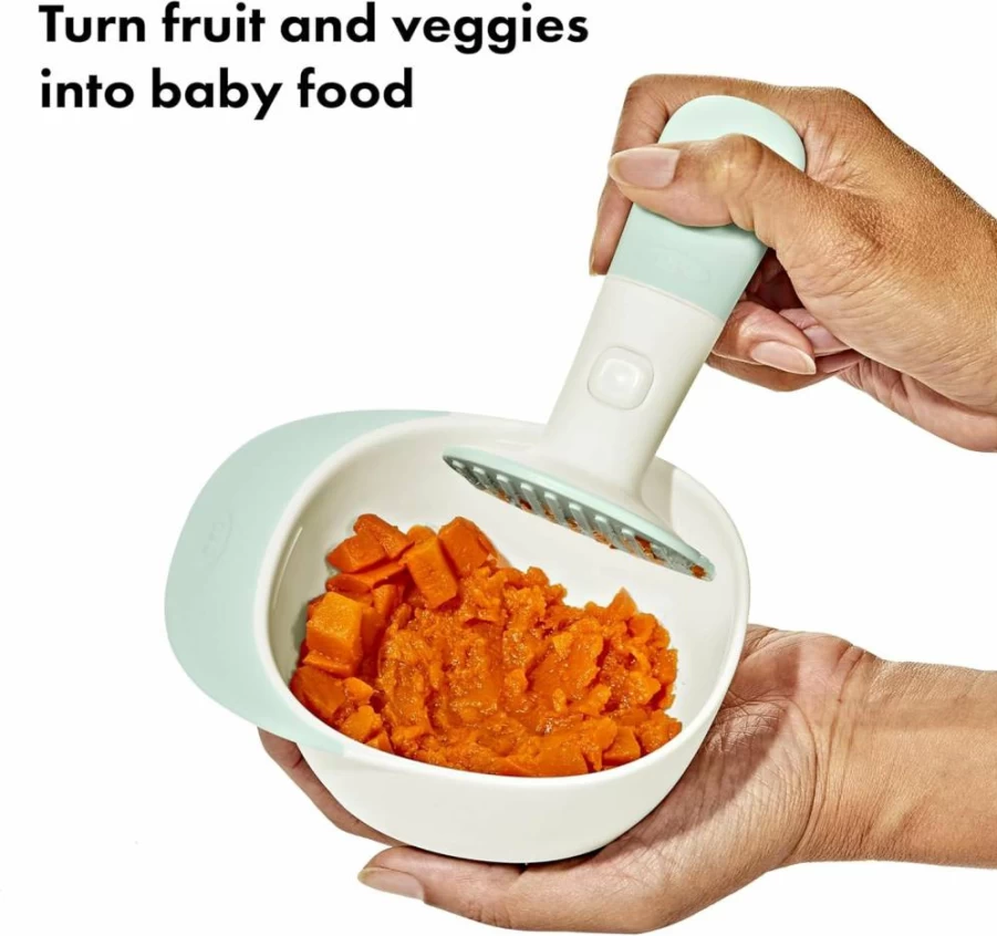 OXO Tot Baby Food Masher - Soft Grip, BPA-Free, Easy to Clean, Teal Color for Infant Feeding