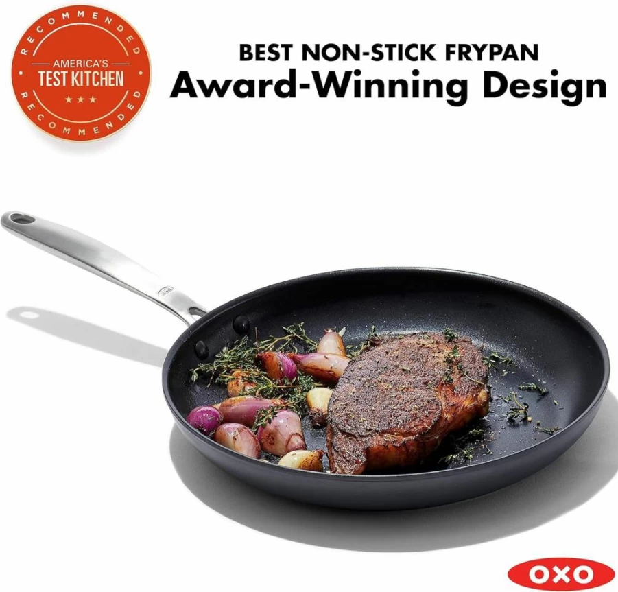 OXO 12-Inch Nonstick Frying Pan with Glass Lid - PFAS-Free Ceramic Coating, Hard Anodized Aluminum, Stainless Steel Handle, Oven & Dishwasher Safe, Black Skillet