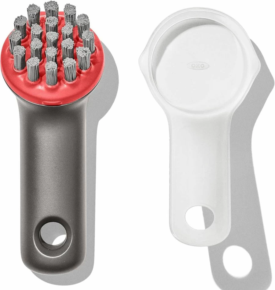 OXO Heavy Duty Cast Iron Grill Brush with Protective Cover - Red & Grey Outdoor BBQ Cleaning Tool