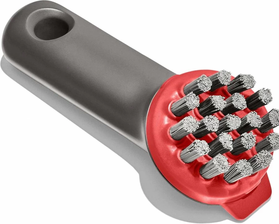 OXO Heavy Duty Cast Iron Grill Brush with Protective Cover - Red & Grey Outdoor BBQ Cleaning Tool