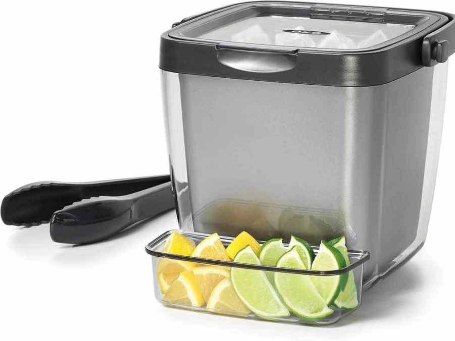 OXO Good Grips Double Wall Insulated Ice Bucket with Tongs & Garnish Tray - Gray, 7.37 x 8.5 x 7.5 Inches, Stainless Steel Interior, Leak-Proof Design