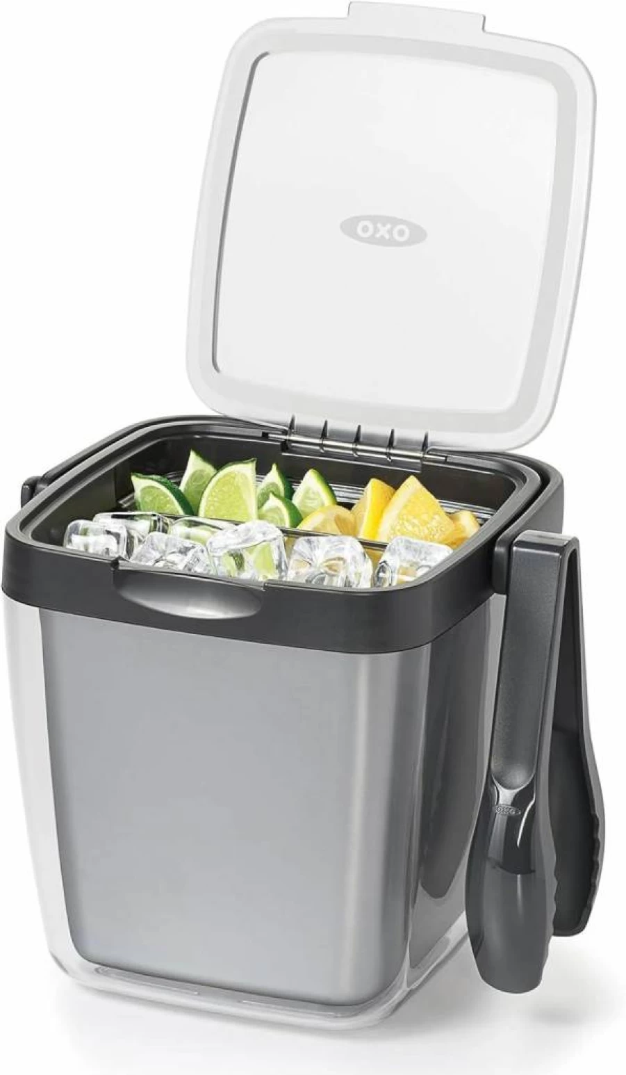 OXO Good Grips Double Wall Insulated Ice Bucket with Tongs & Garnish Tray - Gray, 7.37 x 8.5 x 7.5 Inches, Stainless Steel Interior, Leak-Proof Design